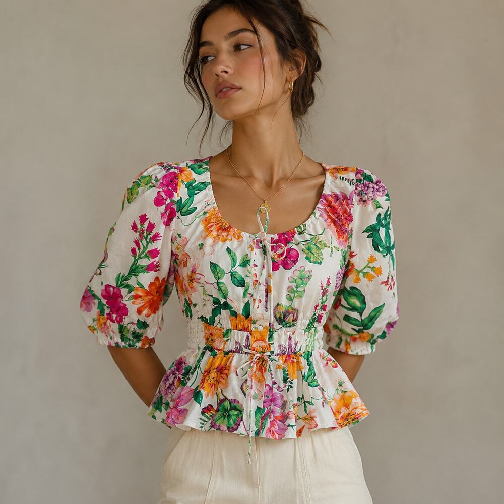 Joie Floral Puff Sleeve Cinch Waist Peplum Blouse Multicolor Cotton NWT S